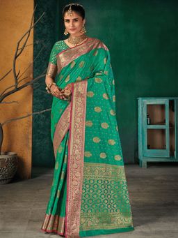 Odette - Rama Green Silk Heavy Woven Designer Saree with Unstitched Blouse