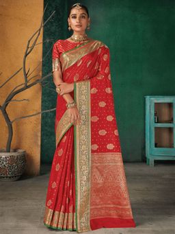 Odette - Red Silk Heavy Woven Designer Saree with Unstitched Blouse