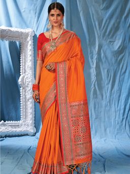 Odette - Orange Silk Heavy Woven Designer Saree with Unstitched Blouse