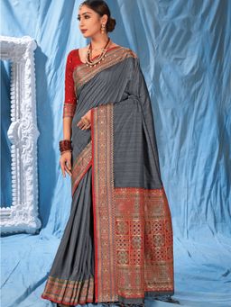 Odette - Grey Silk Heavy Woven Designer Saree with Unstitched Blouse