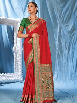Odette - Red Silk Heavy Woven Designer Saree with Unstitched Blouse