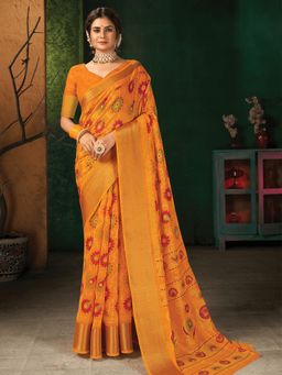 Odette - Mustard Silk Blend Designer Printed Saree with Unstitched Blouse