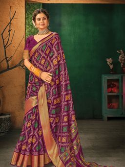 Odette - Purple Silk Blend Designer Printed Saree with Unstitched Blouse