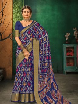 Odette - Blue Silk Blend Designer Printed Saree with Unstitched Blouse