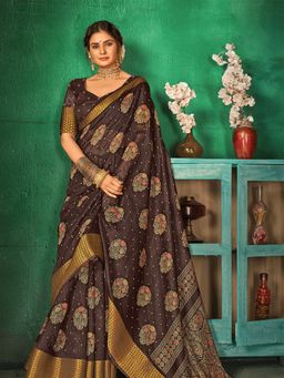 Odette - Brown Silk Blend Woven Border Designer Printed Saree with Unstitched Blouse