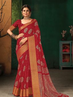 Odette - Red Silk Blend Designer Printed Saree with Unstitched Blouse