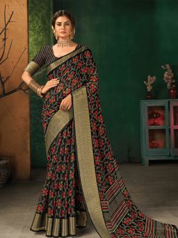 Odette - Black Silk Blend Woven Border Designer Printed Saree with Unstitched Blouse