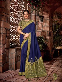 Odette - Blue Silk Georgette, Brocade Designer Saree with Unstitched Blouse