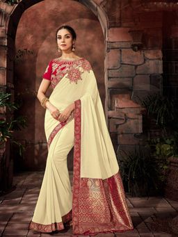 Odette - Off-White Silk Georgette, Brocade Designer Saree with Unstitched Blouse