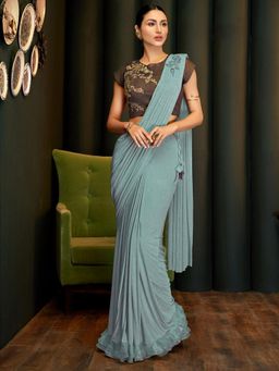 Odette - Blue lycra Designer Saree with Unstitched Blouse