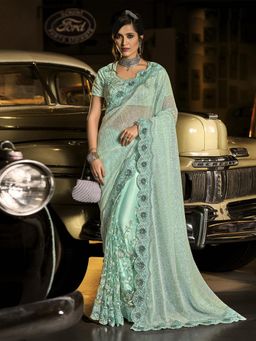 Odette - Sky Blue Net Floral Designer Saree with Unstitched Blouse