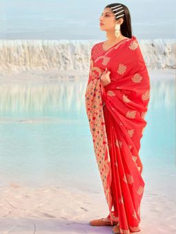 Odette - Women's Red Dola Silk Saree Piece with Unstitched Blouse