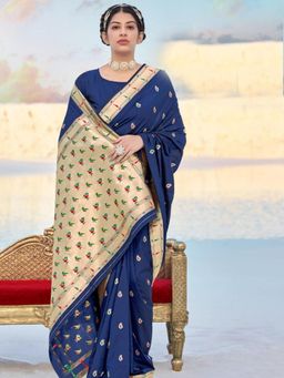 Odette - Navy Blue Banarasi Soft Silk Woven Design Saree Piece with Unstitched Blouse