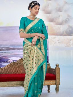 Odette - Turquoise Blue Banarasi Soft Silk Woven Design Saree Piece with Unstitched Blouse