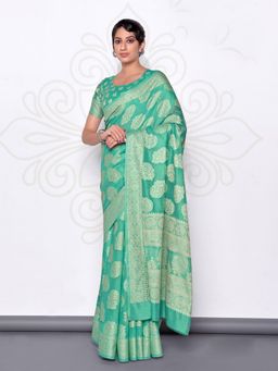Odette - Women's Turquoise Lucknowi Cotton Hand Weaving Work Saree Piece with Unstitched Blouse
