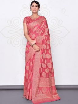 Odette - Women's Pink Lucknowi Cotton Hand Weaving Work Saree Piece with Unstitched Blouse