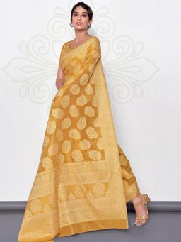 Odette - Women's Mustard Lucknowi Cotton Hand Weaving Work Saree Piece with Unstitched Blouse