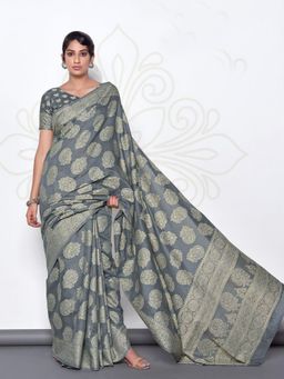 Odette - Women's Grey Lucknowi Cotton Hand Weaving Work Saree Piece with Unstitched Blouse