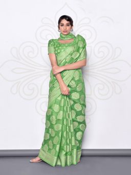 Odette - Women's Green Lucknowi Cotton Hand Weaving Work Saree Piece with Unstitched Blouse
