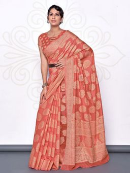 Odette - Women's Rust Lucknowi Cotton Hand Weaving Work Saree Piece with Unstitched Blouse