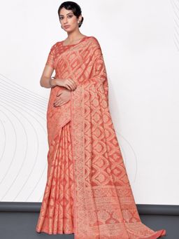 Odette - Women's Orange Lucknowi Cotton Hand Weaving Work Saree Piece with Unstitched Blouse