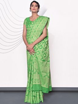 Odette - Green Lucknowi Cotton Hand Weaving Work Saree Piece with Unstitched Blouse