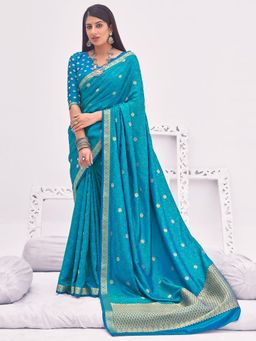 Odette - Women's Turquoise Blue Banarasi Silk Woven Design Saree Piece with Unstitched Blouse