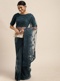 Odette - Teal Embroidered Art Silk Design Saree with Unstitched Blouse