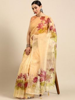 Odette - Cream Digital Print Jute Silk Designer Saree with Unstitched Blouse