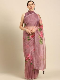 Odette - Brown Digital Print Jute Silk Design Saree with Unstitched Blouse