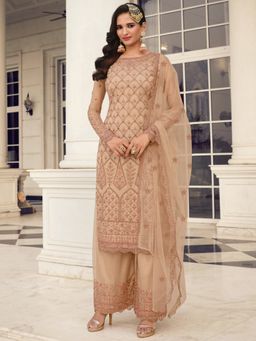 Stylee LIFESTYLE - Beige Net Embroidered Dress Material (Set of 3)