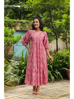 Jaipur Morni - Pink Printed Cotton with Three-Quarter Elasticated Sleeves Maxi Dress