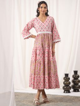 Jaipur Morni - Pink Hand Block Printed V-Neck Cotton Tier Midi Dress