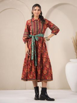 Jaipur Morni - Red Printed Midi Dress with Belt (Set of 2)