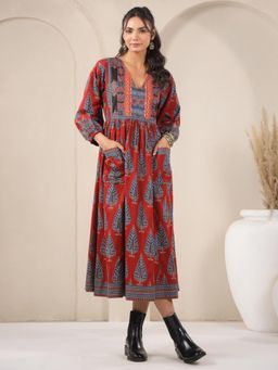 Jaipur Morni - Red Printed Cotton V-Neck Midi Dress