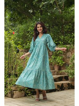 Jaipur Morni - Turquoise Printed Cotton with Three-Quarter Elasticated Sleeves Midi Dress