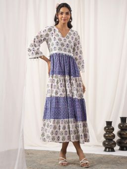 Jaipur Morni - White and Blue Hand Block Printed V-Neck Midi Dress