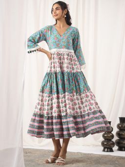 Jaipur Morni - White and Turquoise Hand Block Printed V-Neck Cotton Tier Midi Dress