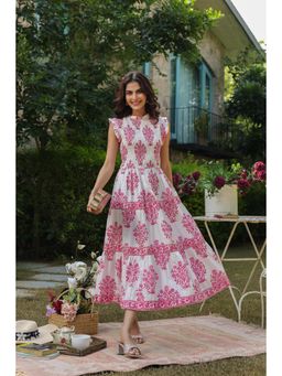 Jaipur Morni - Sleeveless Cotton Printed with Mughal Motifs and Smocking Yoke Midi Dress