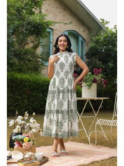 Jaipur Morni - Sleeveless Cotton Printed with Mughal Motifs and Smocking Yoke Midi Dress