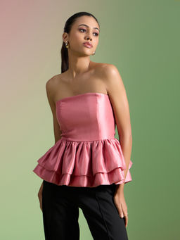 RSVP by Nykaa Fashion - Pink Tube Neck Smocked Bubble Hem Peplum Top