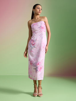 RSVP by Nykaa Fashion - Pink Floral Printed Tube Neck Bodycon Midi Dress