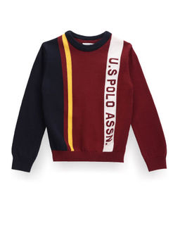 U.S. POLO ASSN. - Boys Red Crew Neck Colorblock Sweater