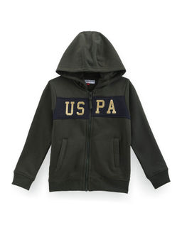 U.S. POLO ASSN. - Boys Green Brand Colorblock Print Hooded Sweatshirt