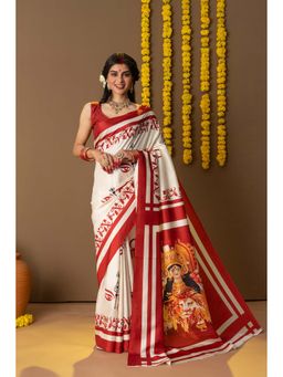 Suha - Women Off White Art Silk Printed Saree with Unstitched Blouse Piece
