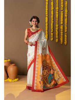 Suha - Women Off White Art Silk Printed Saree with Unstitched Blouse Piece