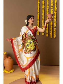 Suha - Women Off White Art Silk Printed Saree with Unstitched Blouse Piece