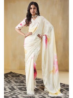 Suha - Women Cream Satin Printed Saree with Unstitched Blouse Piece