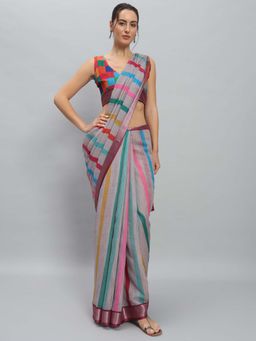 Suha - Women Grey Linen Blend Printed Saree with Unstitched Blouse Piece