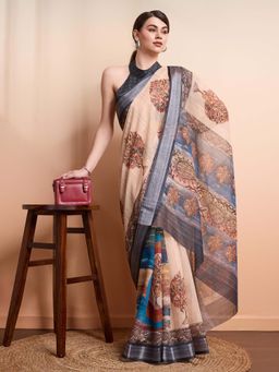 Suha - Women Cream Linen Blend Printed Saree with Unstitched Blouse Piece